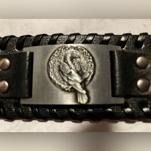 Men’s faux leather cuff bracket with cool metal emblem